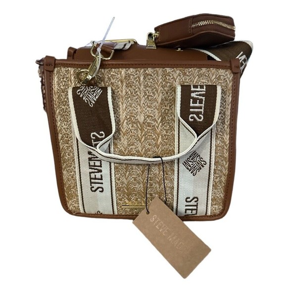 Steve Madden Cognac BWEBBER Straw Satchel Hand Bag Tik Tok Crossbody Bag NWT - Picture 2 of 16